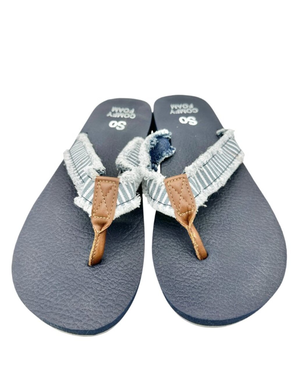 So Comfy Foam Womens Denim Flip-Flops Size 10 Striped Straps Faux Leather Accent - Picture 2 of 6